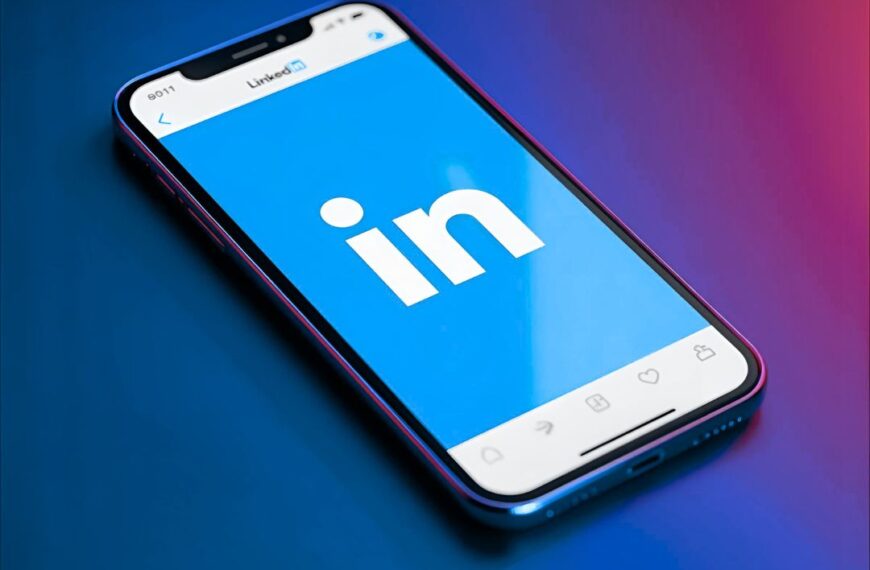 Smartphone displaying the LinkedIn logo on its screen, set against a blue and pink gradient background. The image conveys a professional, modern vibe.