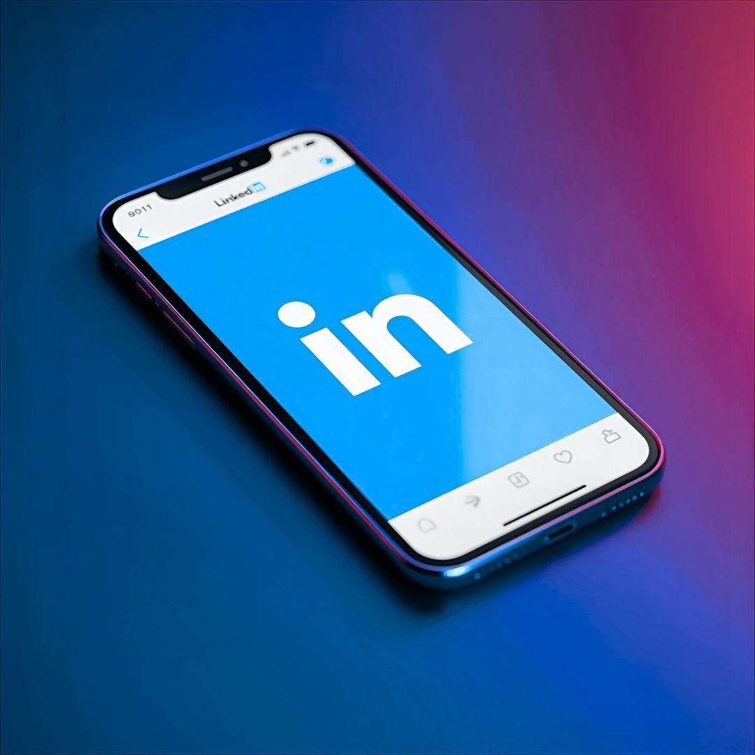 Smartphone displaying the LinkedIn logo on its screen, set against a blue and pink gradient background. The image conveys a professional, modern vibe.