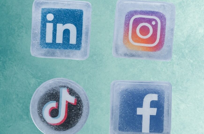 Four social media icons—LinkedIn, Instagram, TikTok, Facebook—appear encased in ice on a textured teal background, conveying a frozen, serene vibe.