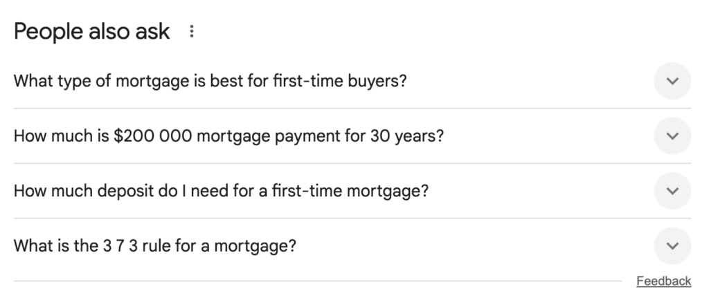 A list of mortgage-related questions under 'People also ask' for informing a social media marketing strategy. Topics include first-time buyer mortgages, 30-year payment calculations, deposit amounts, and the 3-7-3 mortgage rule.