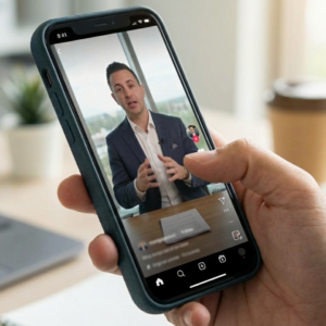Short-form video for mortgage brokers shown on a smartphone, featuring a mortgage broker explaining a topic on camera.