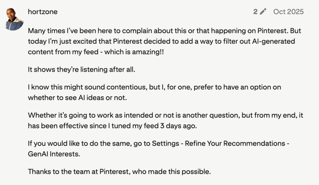 A social media post by "hortzone" expressing excitement about Pinterest's new feature to filter out AI content, supporting the claim that AI trends are perceived as negative. The tone is appreciative.