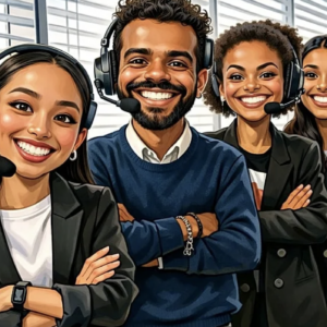 AI caricature trend image. Four smiling diverse call center agents with headsets stand confidently with arms crossed. Their positive expressions convey teamwork and professionalism.